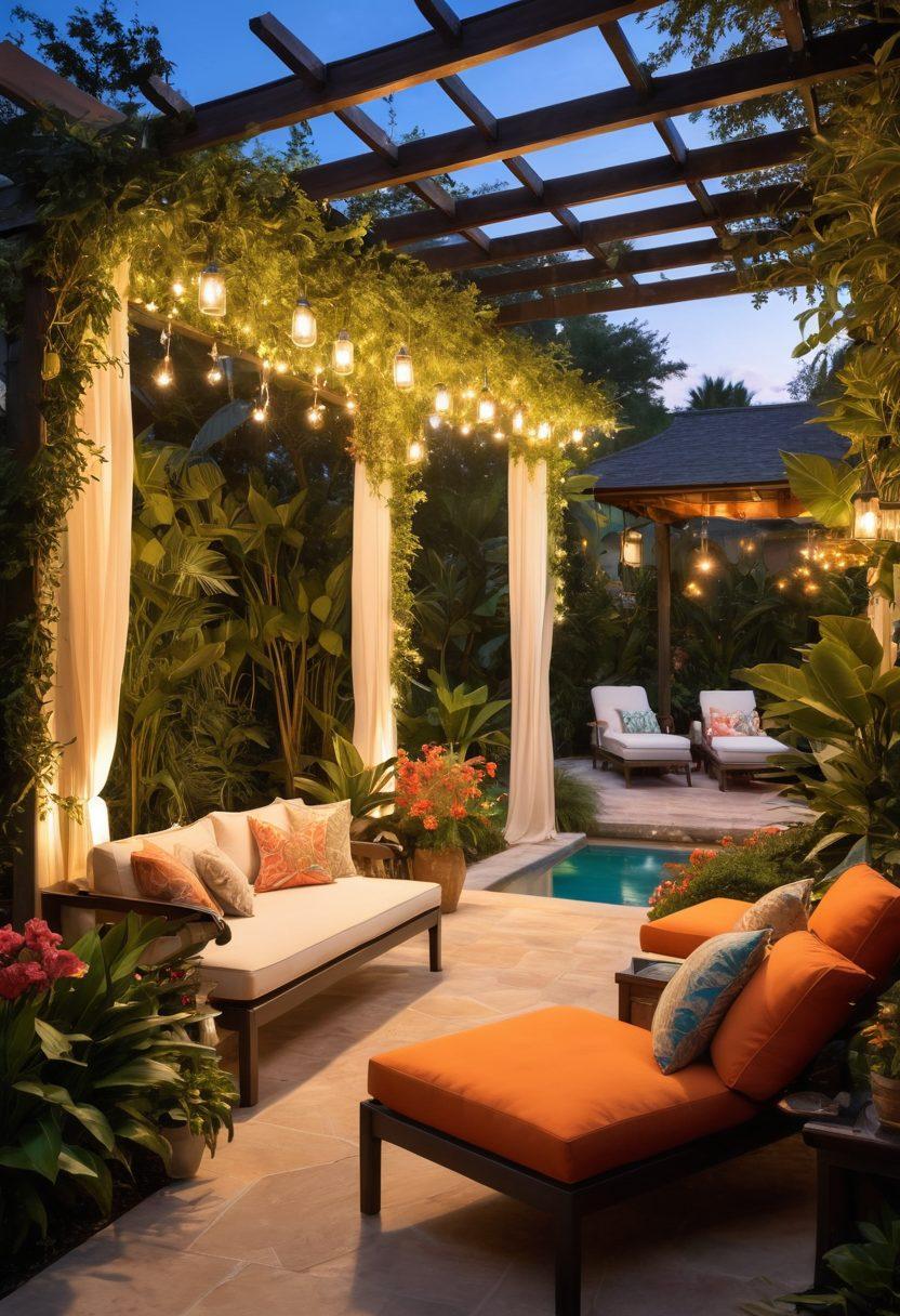 A luxurious backyard oasis featuring a sparkling swimming pool surrounded by lush greenery, colorful tropical flowers, and comfortable lounge chairs. Include a shaded pergola with flowing curtains, a small outdoor bar with summer cocktails, and soft twinkling lights overhead. The scene should evoke a sense of relaxation and summer vibes, with a serene sunset in the background. super-realistic. vibrant colors. 3D.