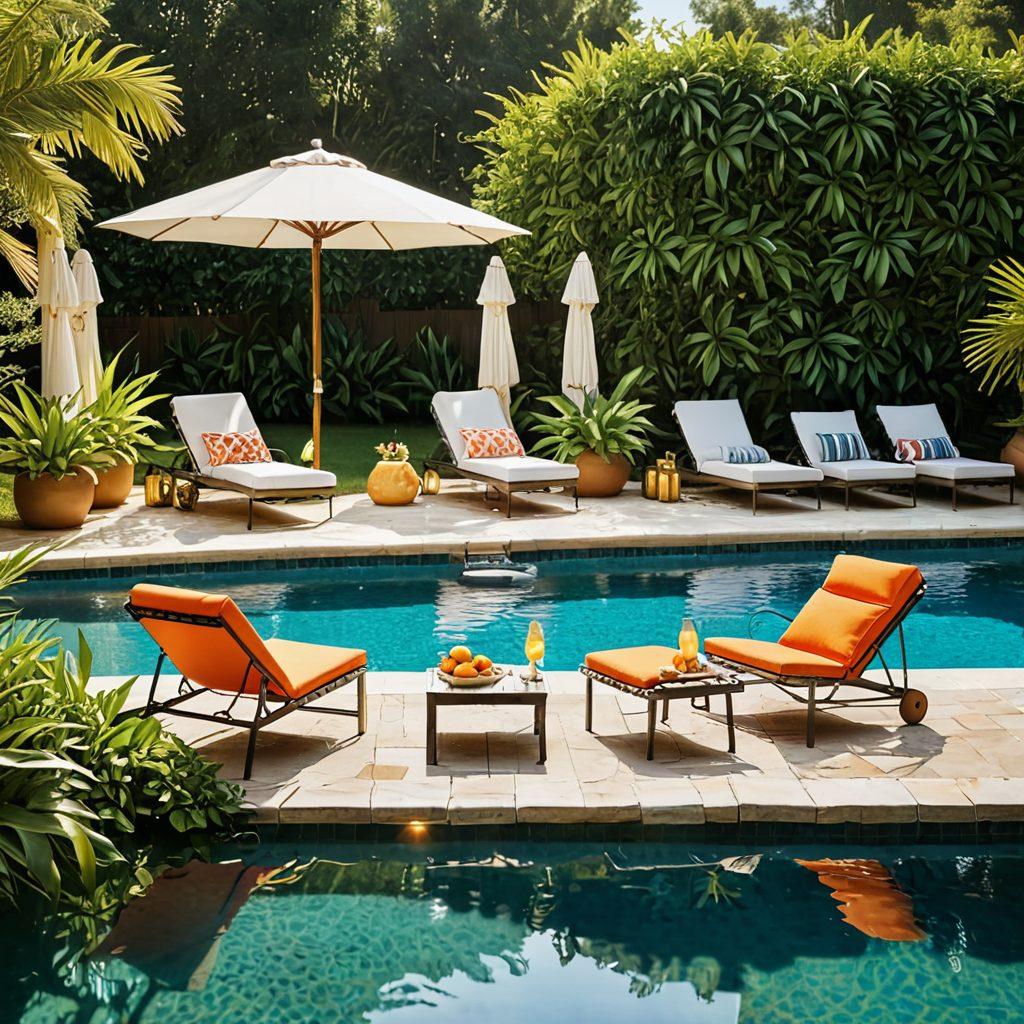 A sun-drenched poolside retreat showcasing a cozy family gathering with children playing in the water, surrounding lush green plants, and vibrant poolside decor like colorful floats and lounge chairs. Include a picturesque outdoor dining setup with fresh fruit and drinks, encapsulating a joyful summer vibe. Capture golden hour lighting for a warm, inviting atmosphere. super-realistic. vibrant colors. 3D.
